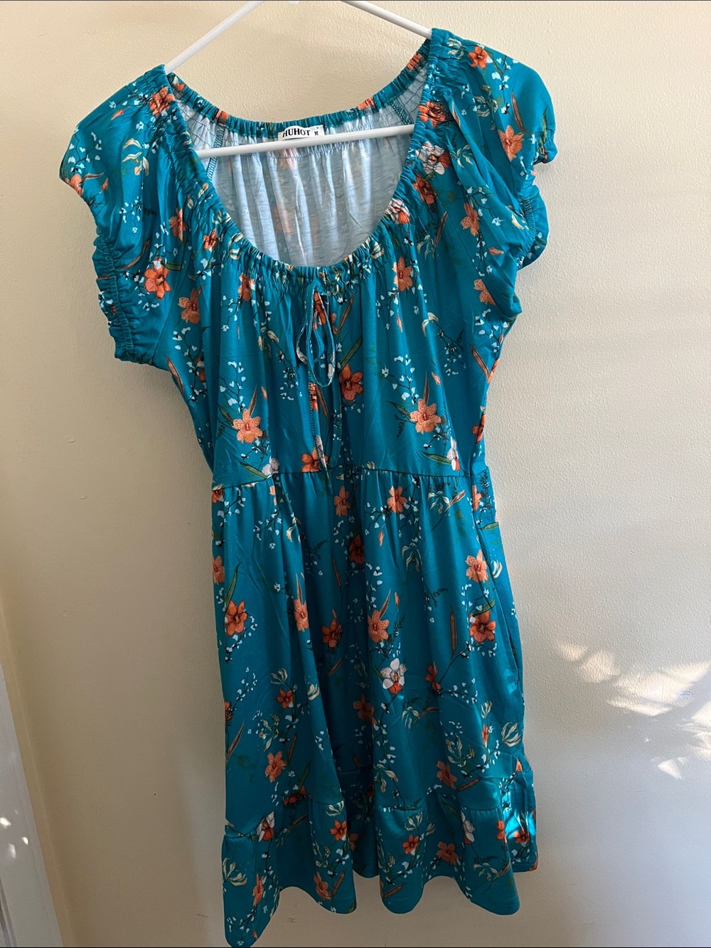 Teal Floral Short Sleeve Drawstring Tunic Dress